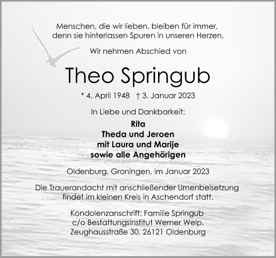 Traueranzeige von Theo Springub von Neue Osnabrücker Zeitung GmbH & Co. KG