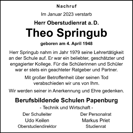 Traueranzeige von Theo Springub von Neue Osnabrücker Zeitung GmbH & Co. KG