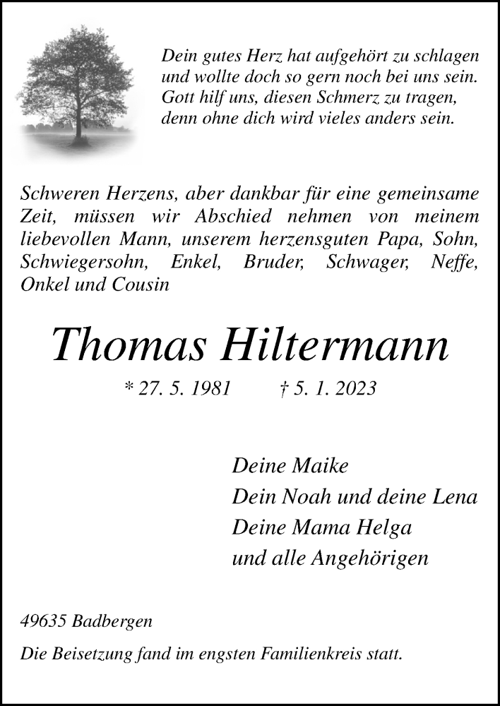  Traueranzeige für Thomas Hiltermann vom 14.01.2023 aus Neue Osnabrücker Zeitung GmbH & Co. KG