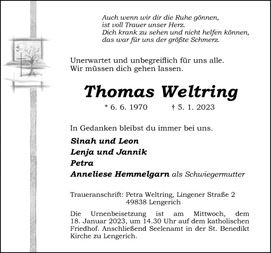 Traueranzeige von Thomas Weltring von Neue Osnabrücker Zeitung GmbH & Co. KG