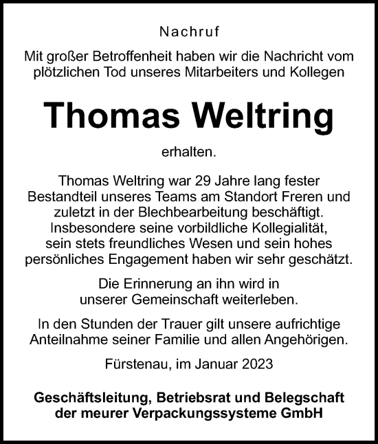 Traueranzeige von Thomas Weltring von Neue Osnabrücker Zeitung GmbH & Co. KG