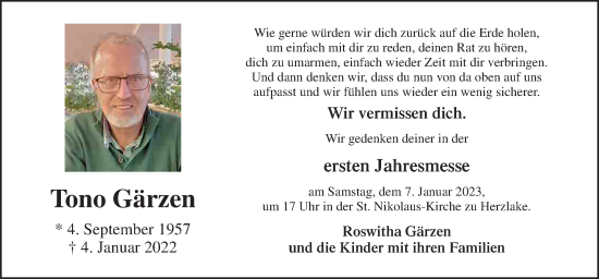 Traueranzeige von Tono Gärzen von Neue Osnabrücker Zeitung GmbH & Co. KG