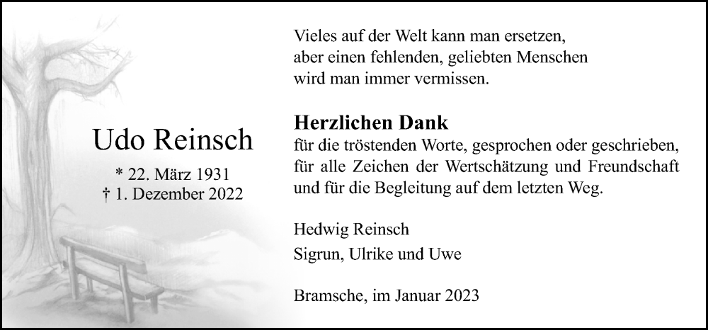  Traueranzeige für Udo Reinsch vom 21.01.2023 aus Neue Osnabrücker Zeitung GmbH & Co. KG