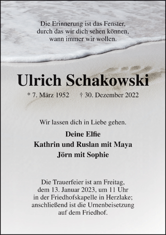 Traueranzeige von Ulrich Schakowski von Neue Osnabrücker Zeitung GmbH & Co. KG