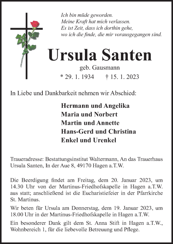 Traueranzeige von Ursula Santen von Neue Osnabrücker Zeitung GmbH & Co. KG