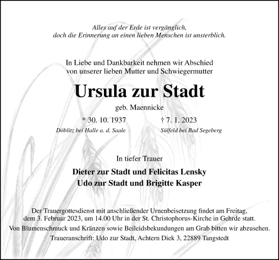 Traueranzeige von Ursula zur Stadt von Neue Osnabrücker Zeitung GmbH & Co. KG