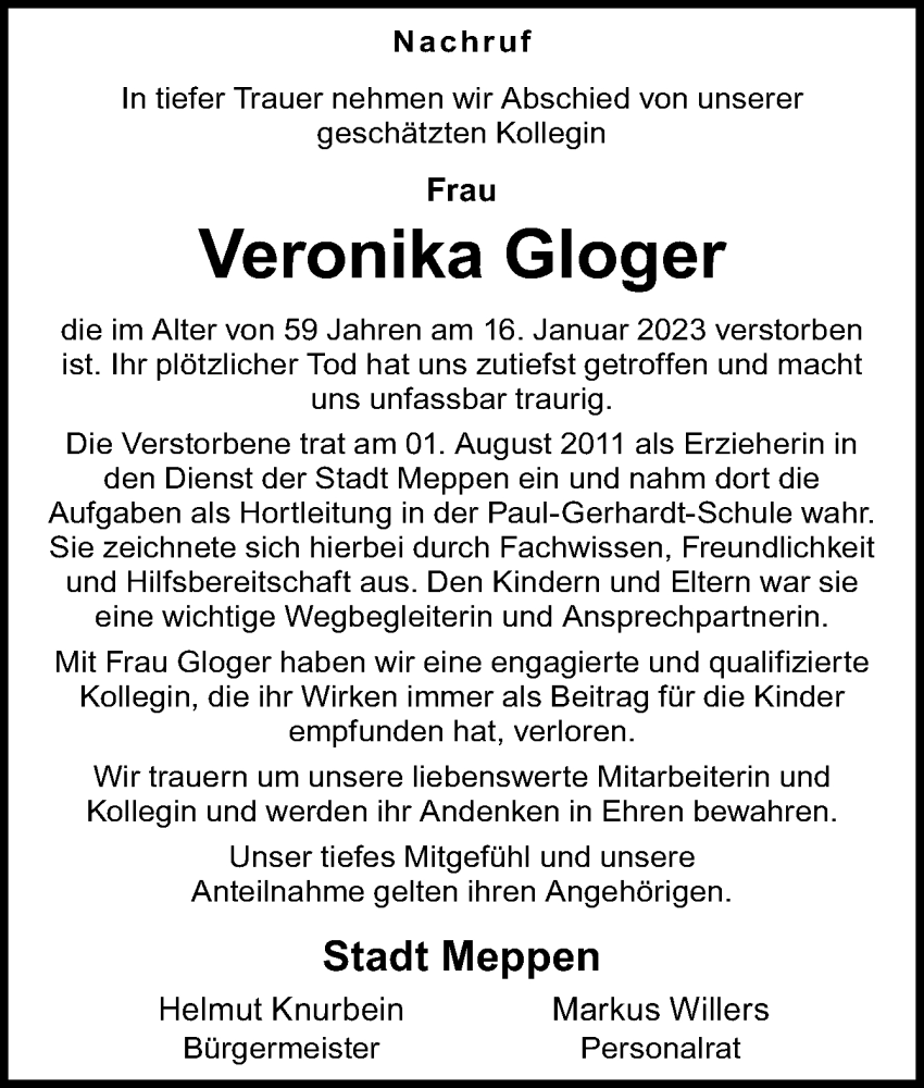  Traueranzeige für Veronika Gloger vom 25.01.2023 aus Neue Osnabrücker Zeitung GmbH & Co. KG