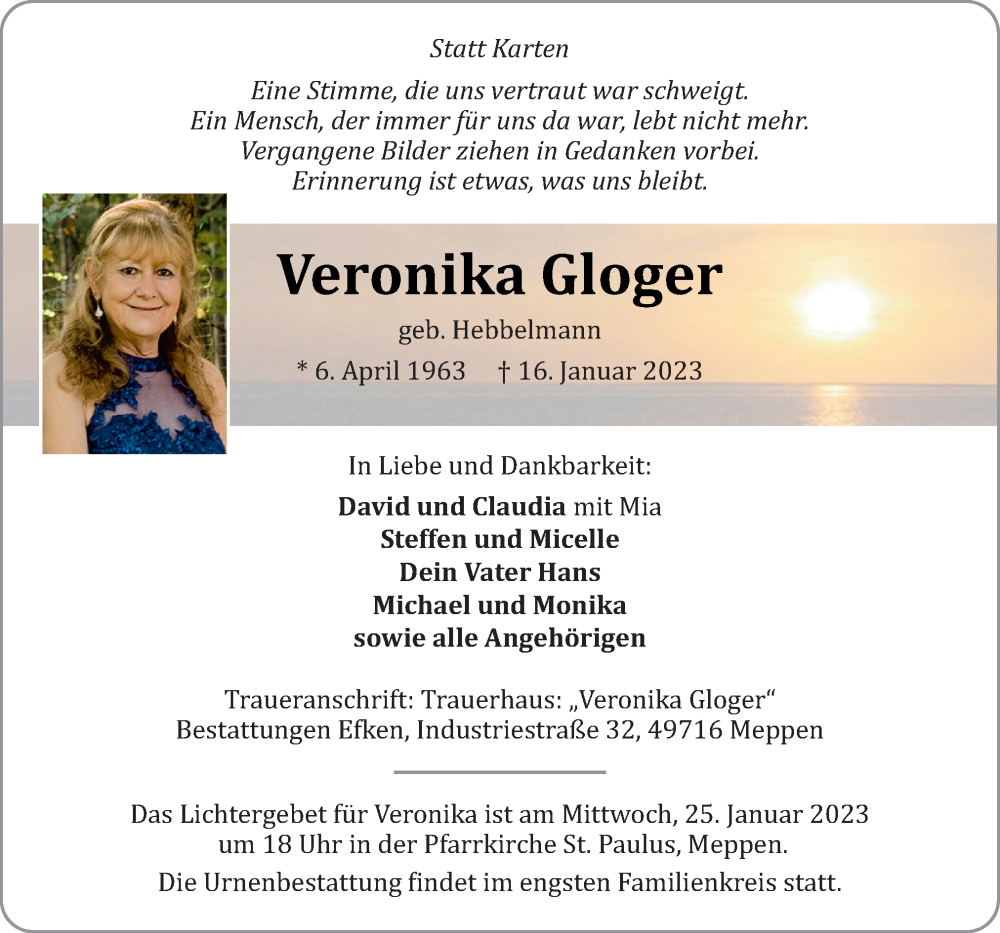  Traueranzeige für Veronika Gloger vom 21.01.2023 aus Neue Osnabrücker Zeitung GmbH & Co. KG