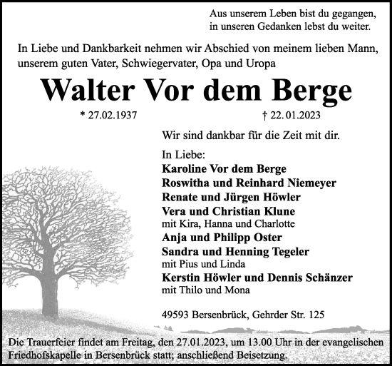 Traueranzeige von Walter Vor dem Berge von Neue Osnabrücker Zeitung GmbH & Co. KG