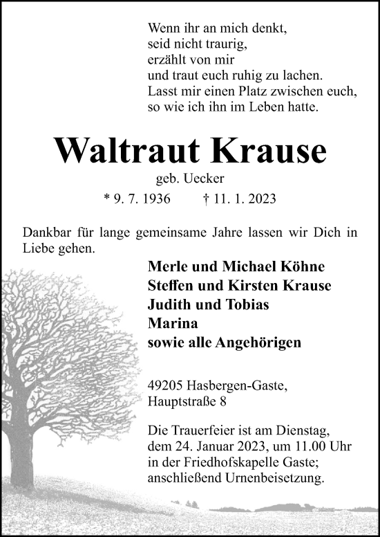 Traueranzeige von Waltraut Krause von Neue Osnabrücker Zeitung GmbH & Co. KG