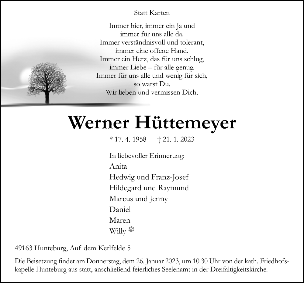  Traueranzeige für Werner Hüttemeyer vom 24.01.2023 aus Neue Osnabrücker Zeitung GmbH & Co. KG