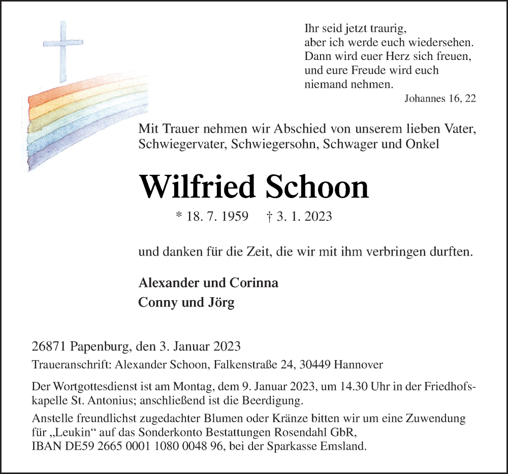  Traueranzeige für Wilfried Schoon vom 06.01.2023 aus Neue Osnabrücker Zeitung GmbH & Co. KG