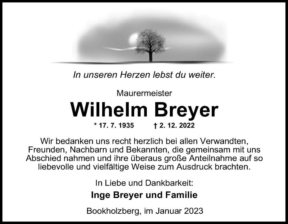  Traueranzeige für Wilhelm Breyer vom 07.01.2023 aus DK Medien GmbH & Co. KG