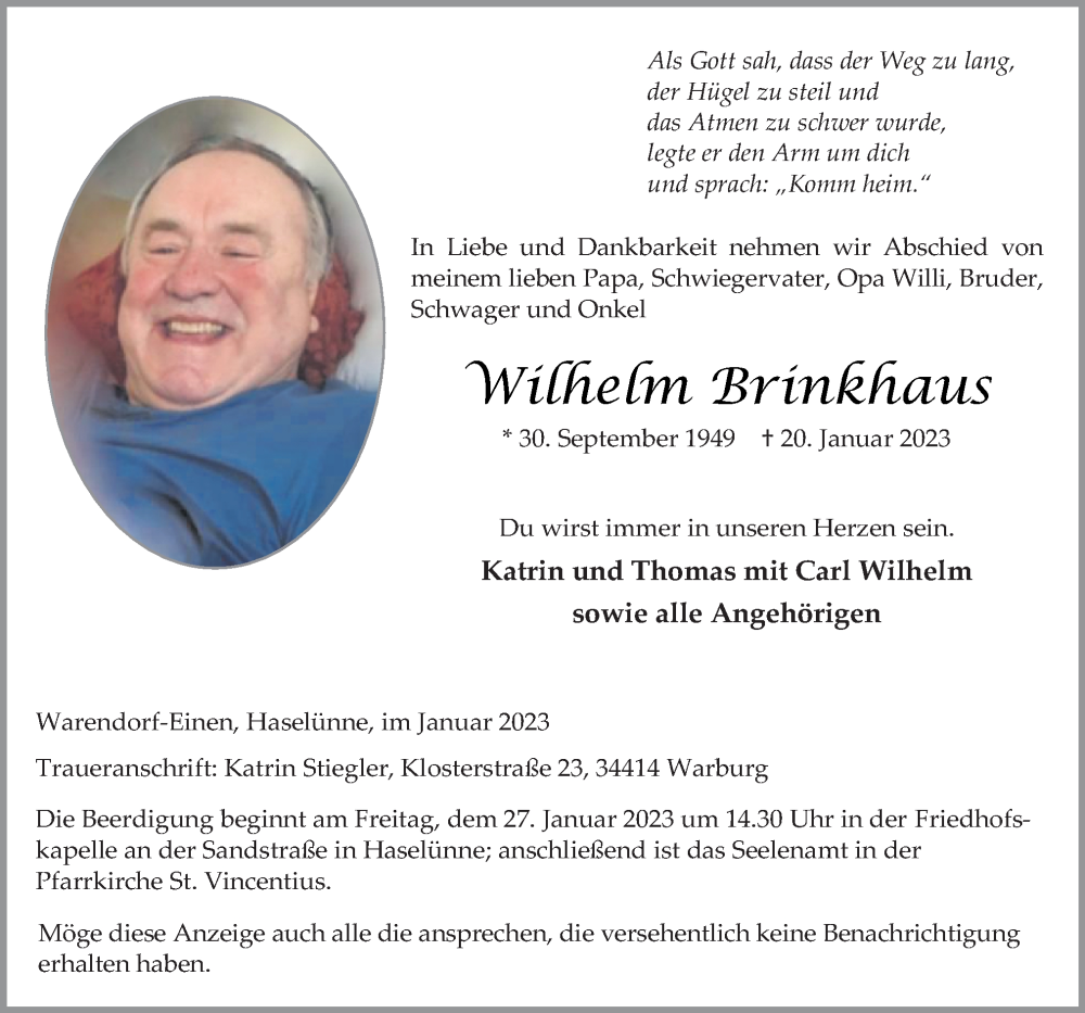  Traueranzeige für Wilhelm Brinkhaus vom 25.01.2023 aus Neue Osnabrücker Zeitung GmbH & Co. KG
