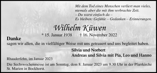 Traueranzeige von Wilhelm Küwen von Neue Osnabrücker Zeitung GmbH & Co. KG