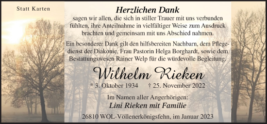 Traueranzeige von Wilhelm Rieken von Neue Osnabrücker Zeitung GmbH & Co. KG