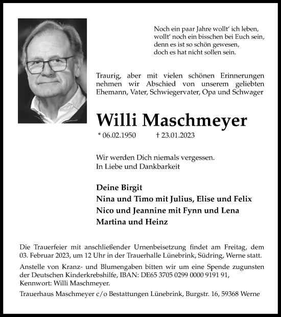 Traueranzeige von Willi Maschmeyer von Neue Osnabrücker Zeitung GmbH & Co. KG