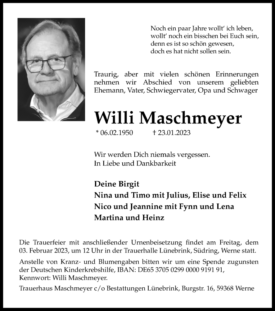  Traueranzeige für Willi Maschmeyer vom 28.01.2023 aus Neue Osnabrücker Zeitung GmbH & Co. KG