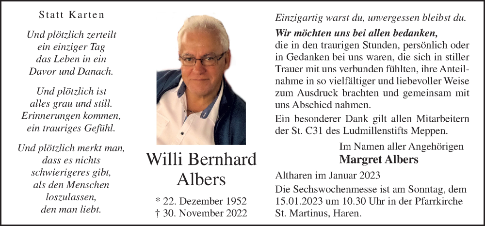  Traueranzeige für Willi Bernhard Albers vom 12.01.2023 aus Neue Osnabrücker Zeitung GmbH & Co. KG