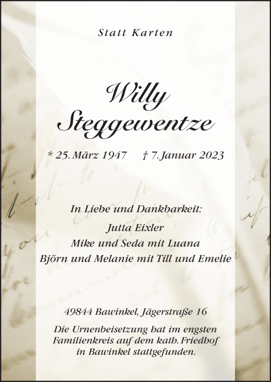 Traueranzeige von Willy Steggewentze von Neue Osnabrücker Zeitung GmbH & Co. KG