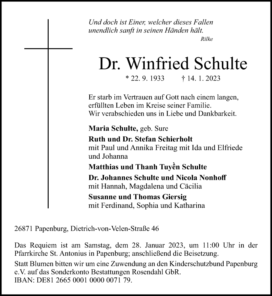  Traueranzeige für Winfried Schulte vom 18.01.2023 aus Neue Osnabrücker Zeitung GmbH & Co. KG