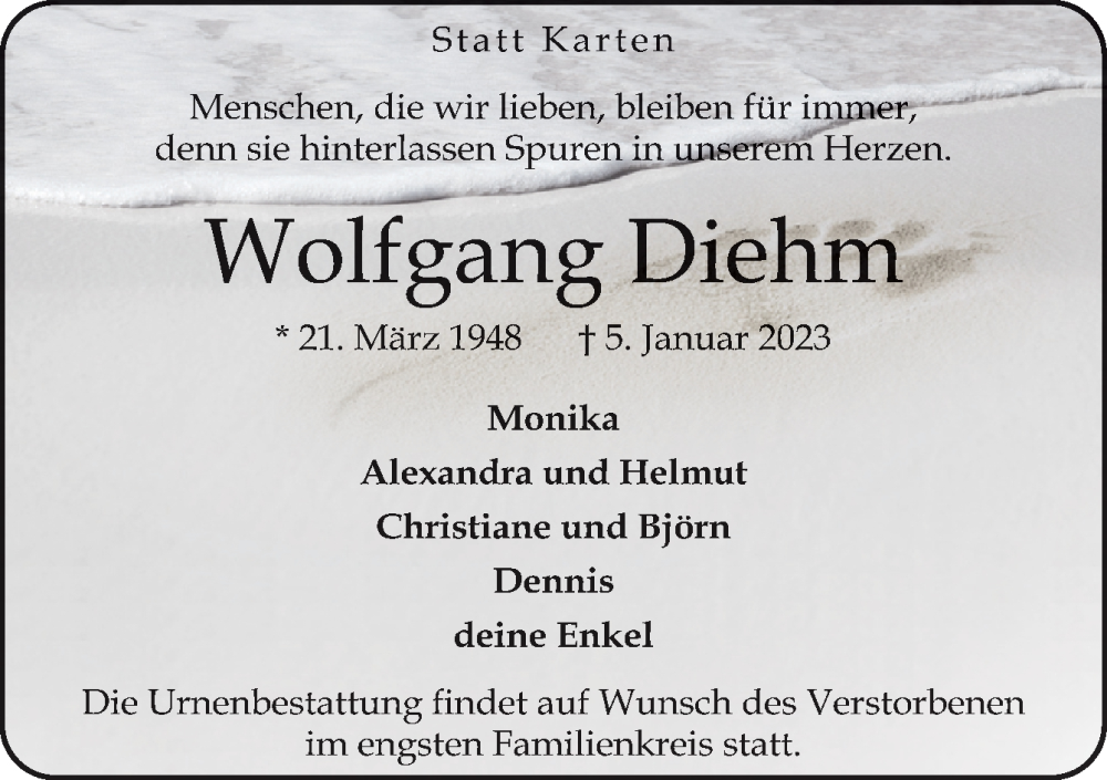  Traueranzeige für Wolfgang Diehm vom 09.01.2023 aus Neue Osnabrücker Zeitung GmbH & Co. KG