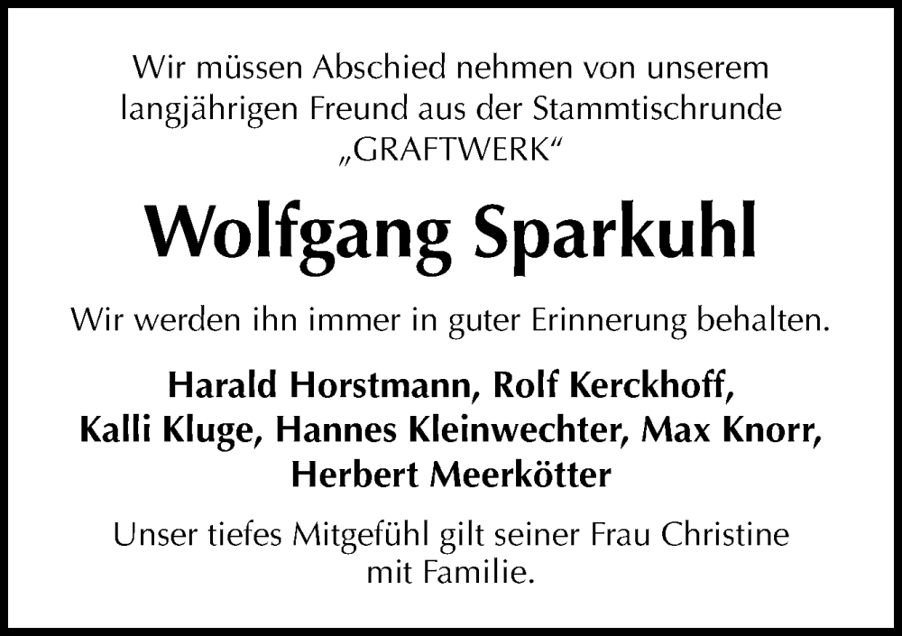  Traueranzeige für Wolfgang Sparkuhl vom 07.01.2023 aus DK Medien GmbH & Co. KG