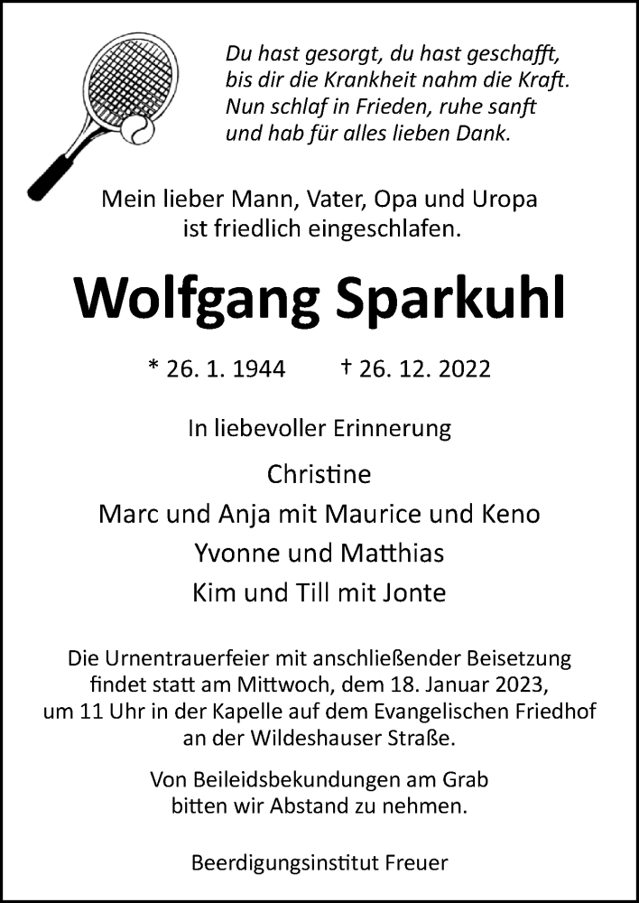  Traueranzeige für Wolfgang Sparkuhl vom 07.01.2023 aus DK Medien GmbH & Co. KG