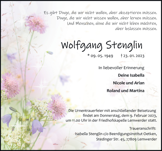 Traueranzeige von Wolfgang Stenglin von DK Medien GmbH & Co. KG