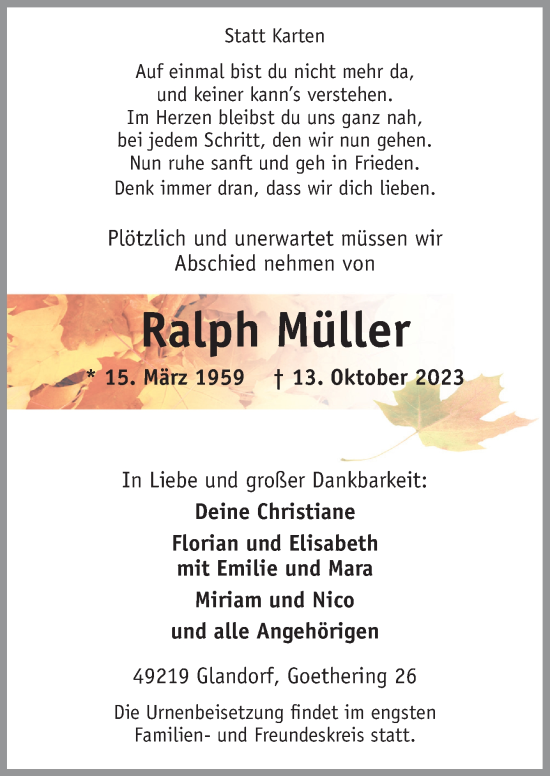 Traueranzeige von Ralph Müller von Neue Osnabrücker Zeitung GmbH & Co. KG