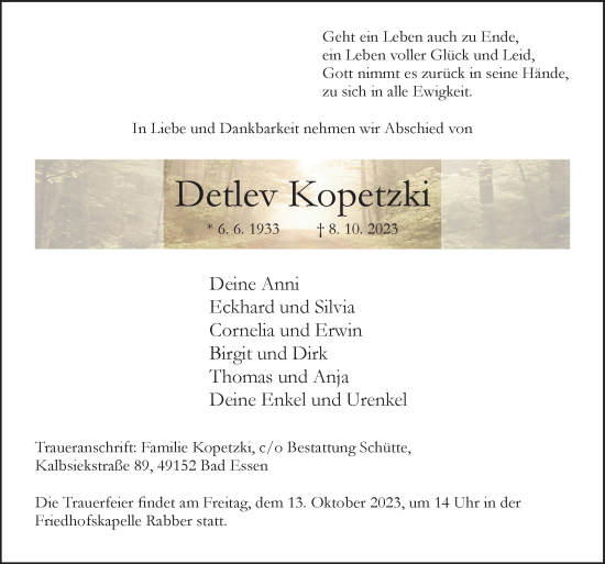 Traueranzeige von Detlev Kopetzki von Neue Osnabrücker Zeitung GmbH & Co. KG