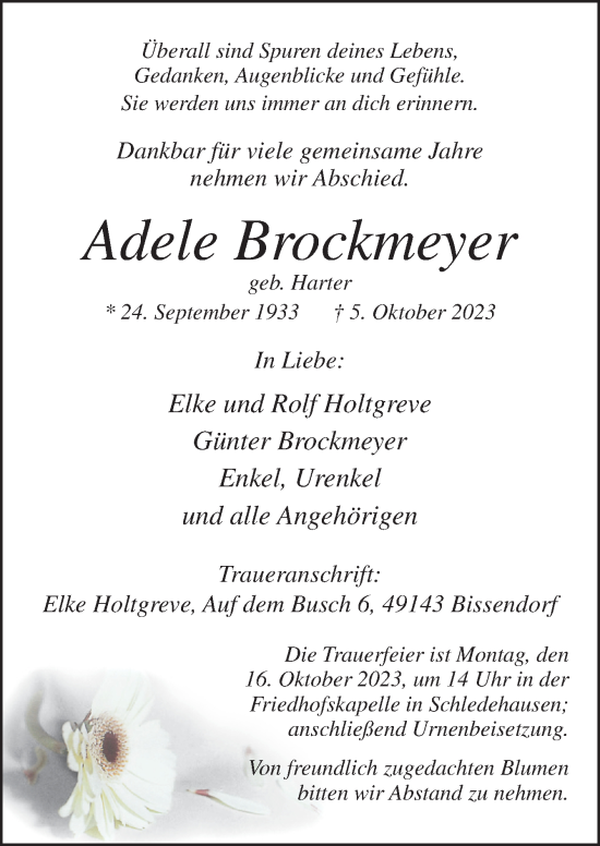 Traueranzeige von Adele Brockmeyer von Neue Osnabrücker Zeitung GmbH & Co. KG