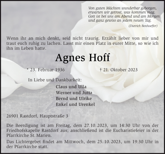 Traueranzeige von Agnes Hoff von Neue Osnabrücker Zeitung GmbH & Co. KG