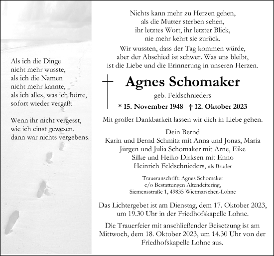 Traueranzeige von Agnes Schomaker von Neue Osnabrücker Zeitung GmbH & Co. KG