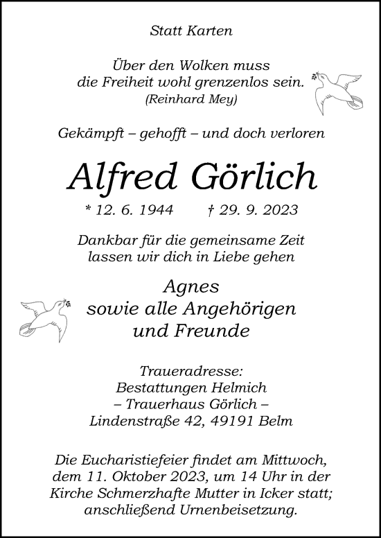 Traueranzeige von Alfred Görlich von Neue Osnabrücker Zeitung GmbH & Co. KG