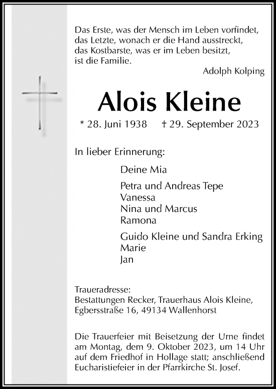 Traueranzeige von Alois Kleine von Neue Osnabrücker Zeitung GmbH & Co. KG