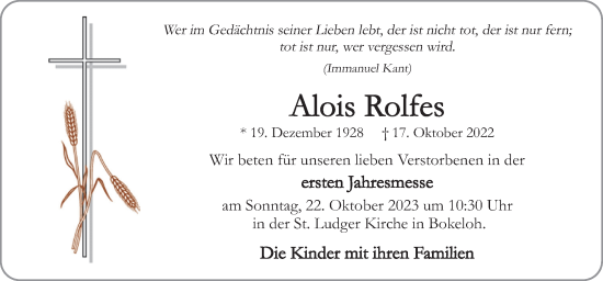 Traueranzeige von Alois Rolfes von Neue Osnabrücker Zeitung GmbH & Co. KG