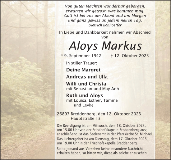 Traueranzeige von Aloys Markus von Neue Osnabrücker Zeitung GmbH & Co. KG