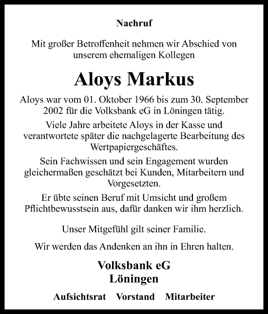 Traueranzeige von Aloys Markus von Neue Osnabrücker Zeitung GmbH & Co. KG