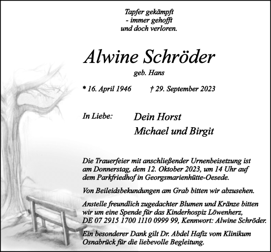 Traueranzeige von Alwine Schröder von Neue Osnabrücker Zeitung GmbH & Co. KG