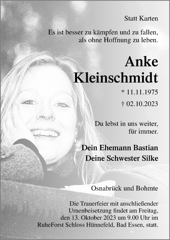 Traueranzeige von Anke Kleinschmidt von Neue Osnabrücker Zeitung GmbH & Co. KG