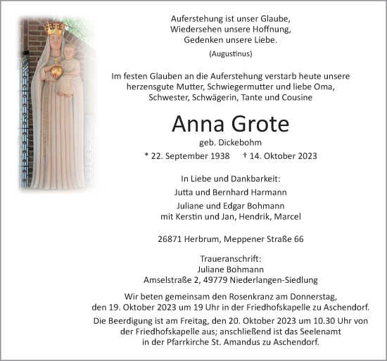 Traueranzeige von Anna Grote von Neue Osnabrücker Zeitung GmbH & Co. KG