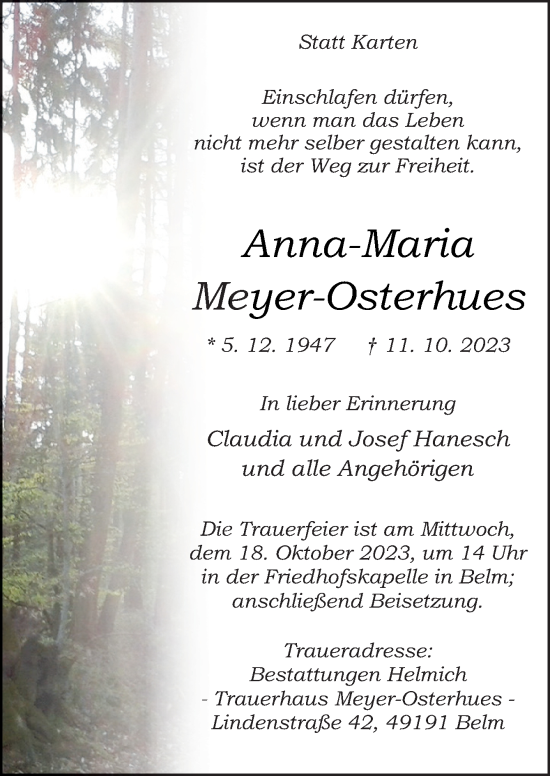 Traueranzeige von Anna-Maria Meyer-Osterhues von Neue Osnabrücker Zeitung GmbH & Co. KG