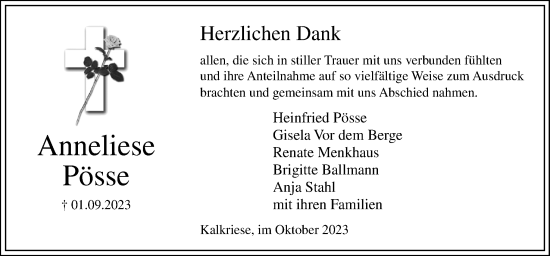 Traueranzeige von Anneliese Pösse von Neue Osnabrücker Zeitung GmbH & Co. KG