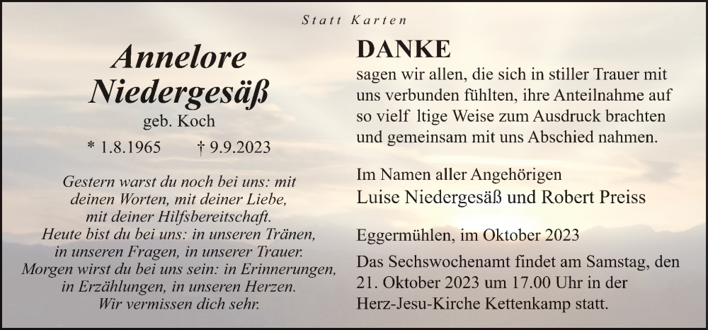  Traueranzeige für Annelore Niedergesäß vom 19.10.2023 aus Neue Osnabrücker Zeitung GmbH & Co. KG