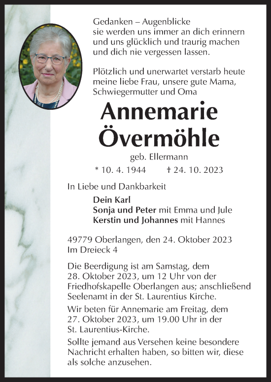 Traueranzeige von Annemarie Övermöhle von Neue Osnabrücker Zeitung GmbH & Co. KG