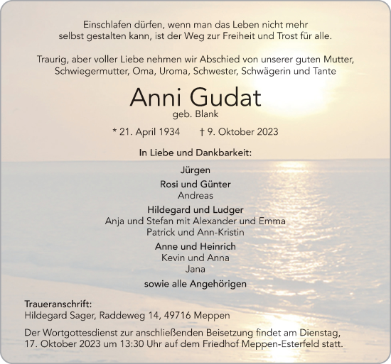 Traueranzeige von Anni Gudat von Neue Osnabrücker Zeitung GmbH & Co. KG
