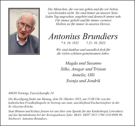 Traueranzeige von Antonius Brundiers von Neue Osnabrücker Zeitung GmbH & Co. KG