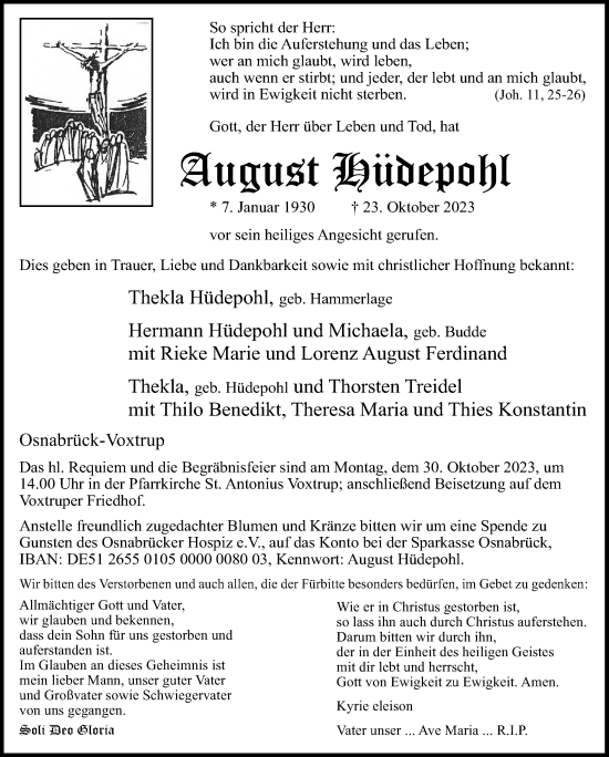 Traueranzeige von August Hüdepohl von Neue Osnabrücker Zeitung GmbH & Co. KG