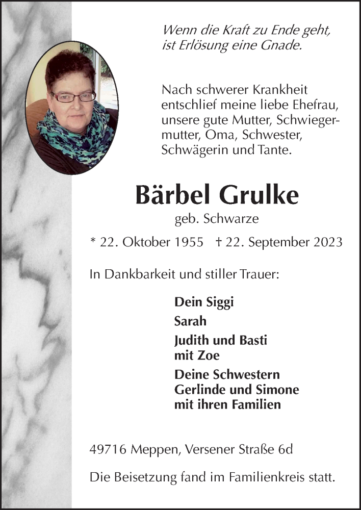  Traueranzeige für Bärbel Grulke vom 07.10.2023 aus Neue Osnabrücker Zeitung GmbH & Co. KG